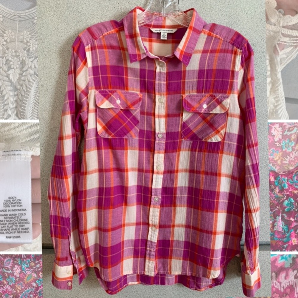 Pink/White flannel long sleeved button up shirt